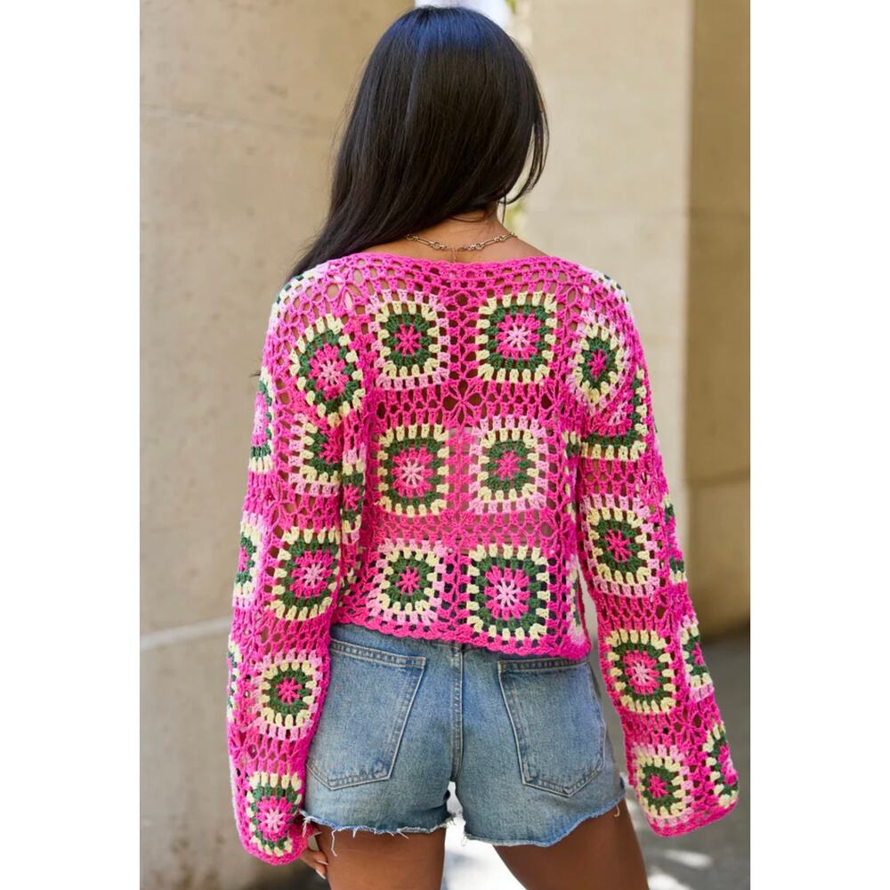 Debut pink crochet granny square sweater open knit cropped size M medium - Picture 5 of 14